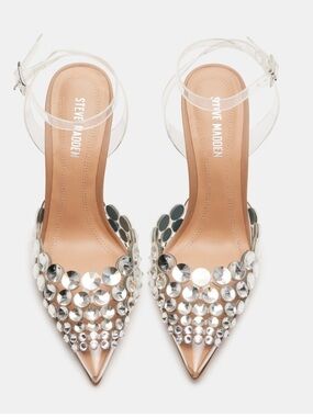 Steve Manden Clear Transparent  Pointed-Toe Ankle Strap Rhinestone Stiletto 6.5